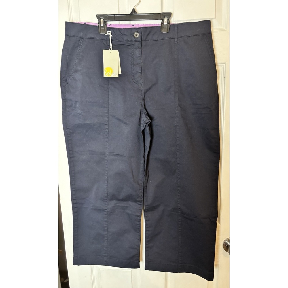 Boden Women 14 Wide Leg Pants Cropped Solid Navy Blue High Rise Cotton Twill NEW